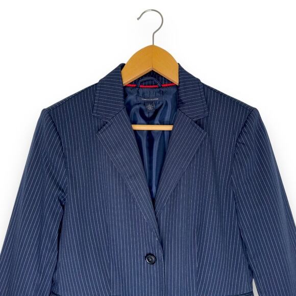Tommy Hilfiger Women's Pinstripe Blazer 8 Navy Cotton Blend Classic Two Button - Picture 2 of 9